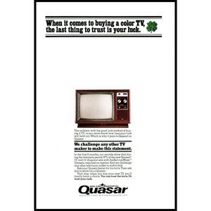1976 Quasar Television Color TV Vintage Print Ad Luck Clover Wall Art Decor